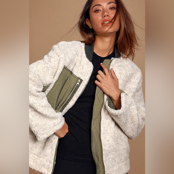 FREE PEOPLE Rivington Sherpa Jacket We the Free Desert Combo Green Cream | XL - Picture 5 of 16
